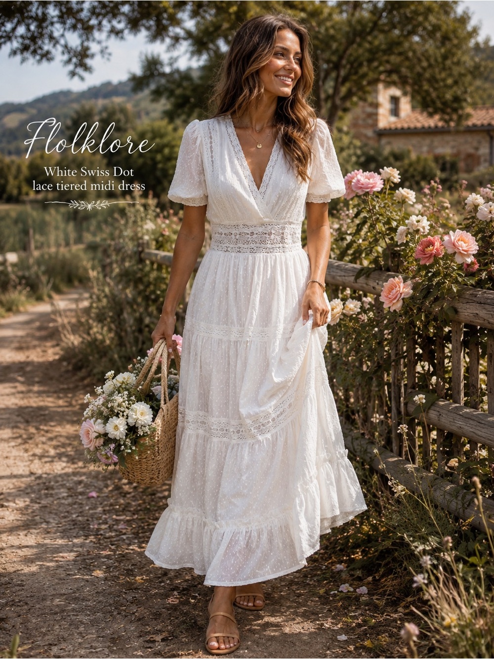Lulu's White Swiss Dot Lace Tiered Midi Dress with Puff Sleeves and V-Neck